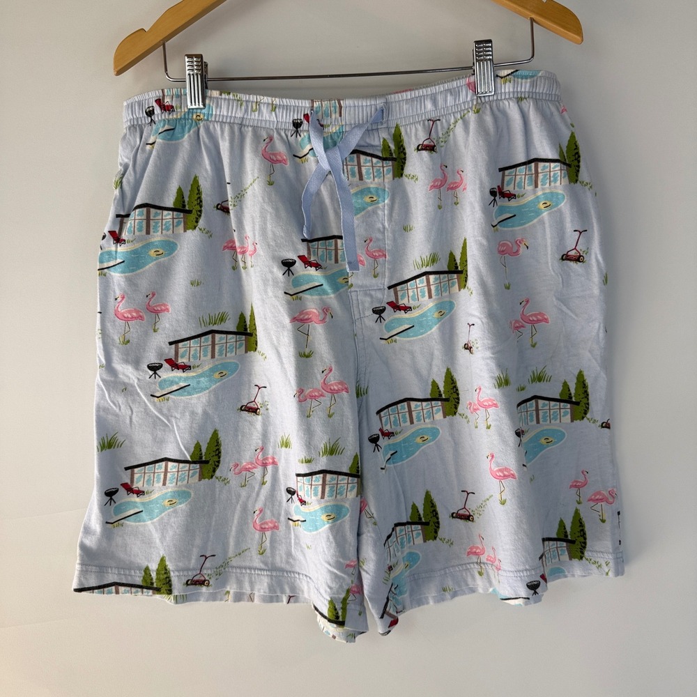 Nick & Nora Pajama Flannel Shorts Men L Blue Flamingo Pool Mid Century Modern